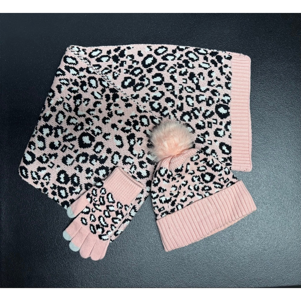 Women's Scarf, Hat and Glove Set, Pink and Black Leopard Print